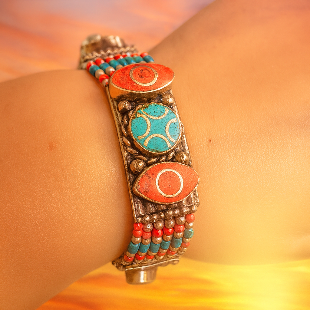 Bracelet tibétain bouddhiste vintage en pierres sacrées – Artisanat du Népal
