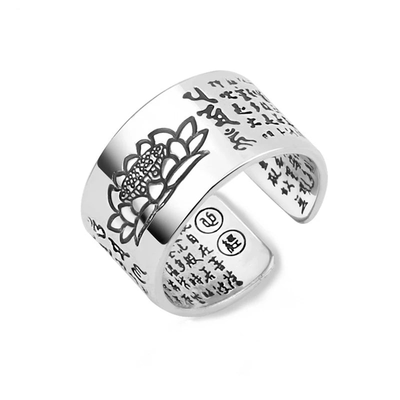Bague Tibétaine Femme – Fleur de Lotus & Mantra OM en Cuivre Argenté
