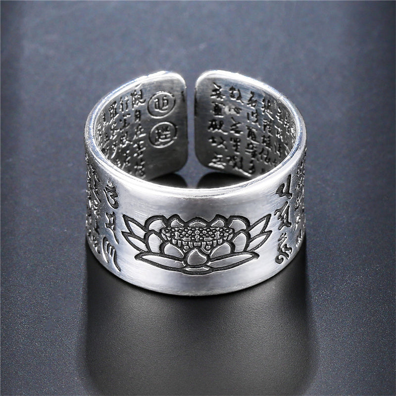 Bague Tibétaine Femme – Fleur de Lotus & Mantra OM en Cuivre Argenté