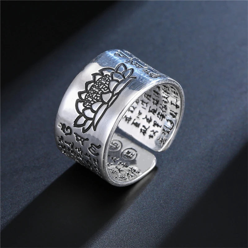 Bague Tibétaine Femme – Fleur de Lotus & Mantra OM en Cuivre Argenté