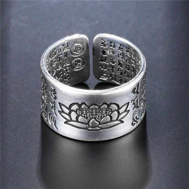 Bague Tibétaine Femme – Fleur de Lotus & Mantra OM en Cuivre Argenté