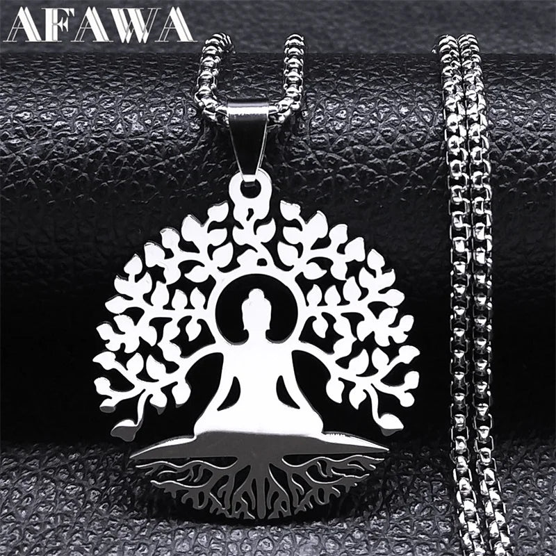 Arbre d’Éveil – Pendentif Bouddha & Chakra en Acier