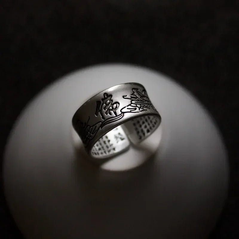 Bague Tibétaine Femme – Fleur de Lotus & Mantra OM en Cuivre Argenté