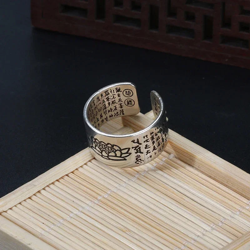 Bague Tibétaine Femme – Fleur de Lotus & Mantra OM en Cuivre Argenté