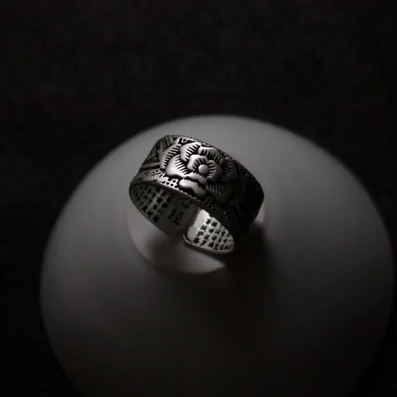Bague Tibétaine Femme – Fleur de Lotus & Mantra OM en Cuivre Argenté