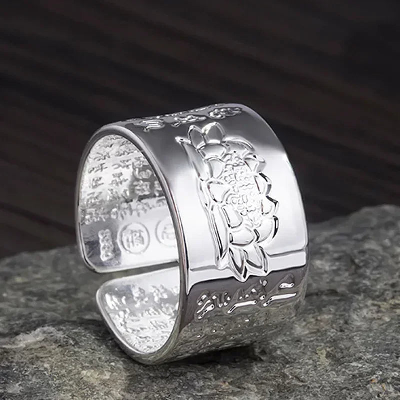 Bague Tibétaine Femme – Fleur de Lotus & Mantra OM en Cuivre Argenté