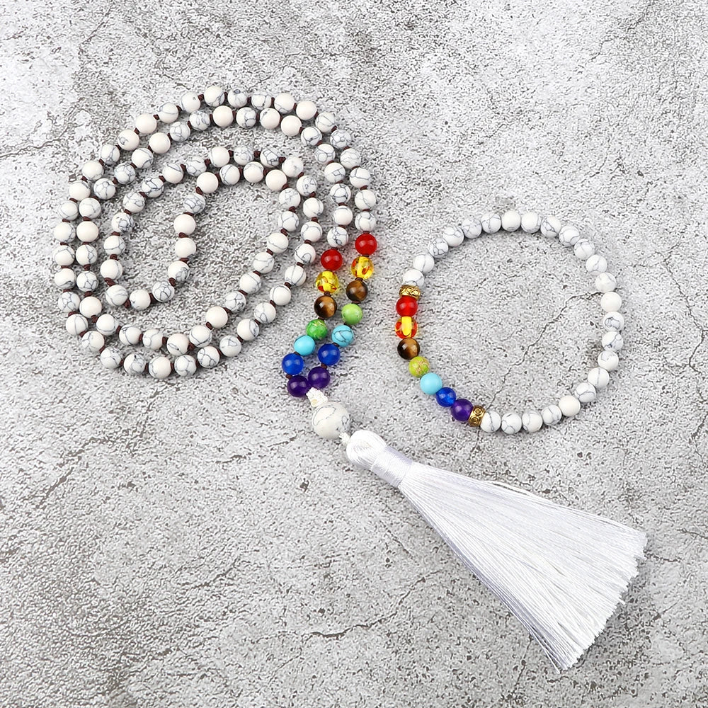Cascade de Lumière – Mala 108 Perles Howlite & 7 Chakras