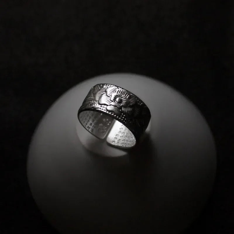 Bague Tibétaine Femme – Fleur de Lotus & Mantra OM en Cuivre Argenté