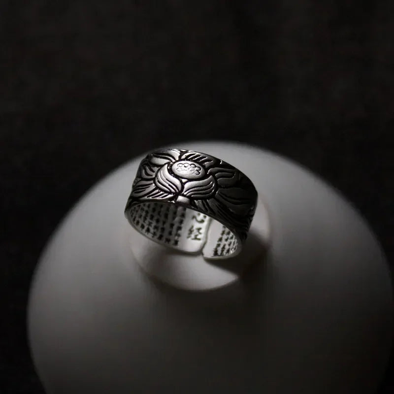 Bague Tibétaine Femme – Fleur de Lotus & Mantra OM en Cuivre Argenté