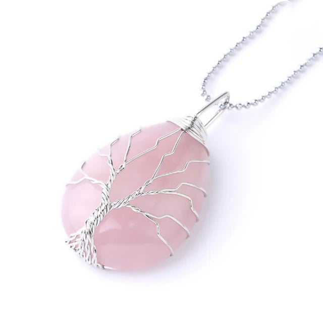 Collier arbre de vie en quartz rose inspiration tibétaine