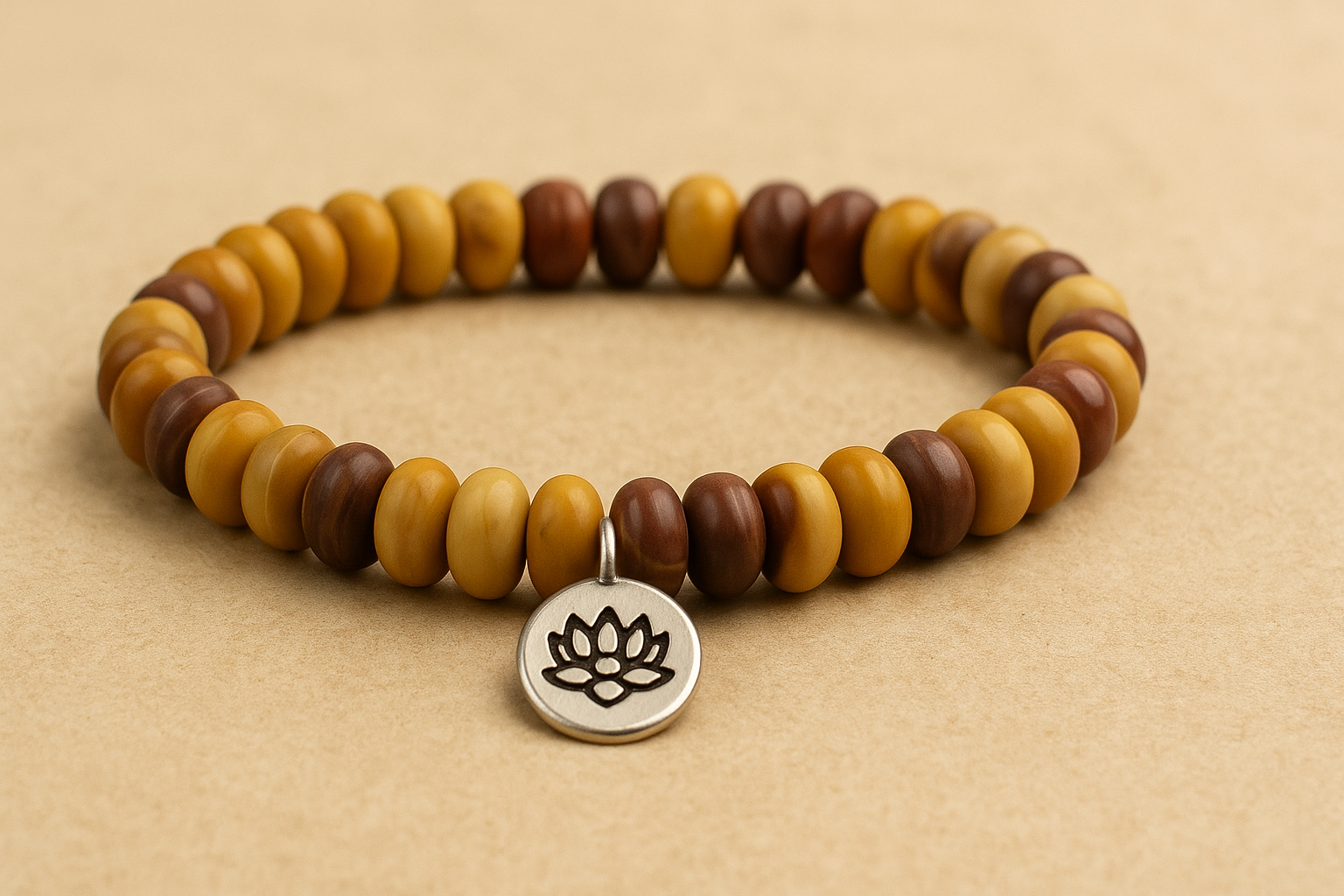 Bracelet tibétain en perles jaspe posé sur un fond sable, style zen et apaisant Image