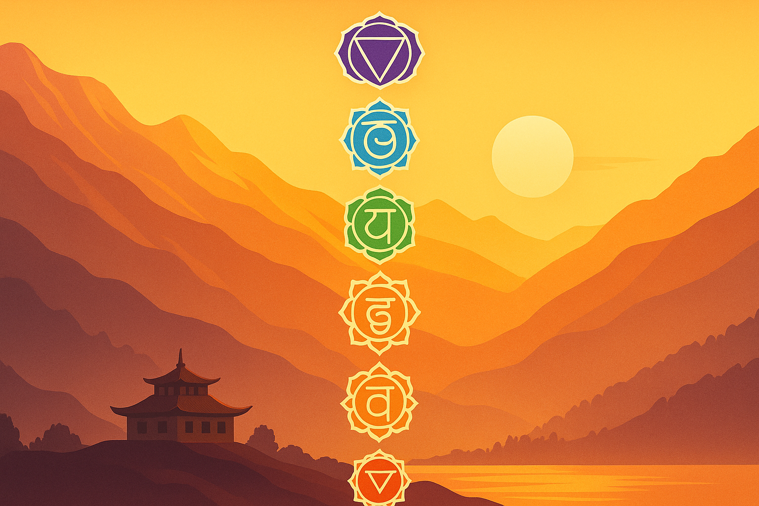 Chakras alignés sur un paysage tibétain au lever du soleil – Esprit Tibet