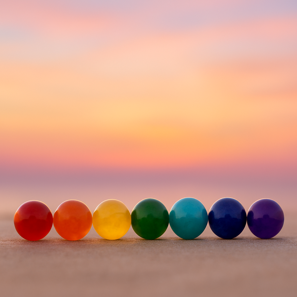 Pierres 7 chakras aux couleurs vives sur fond de coucher de soleil pastel – Esprit Tibet