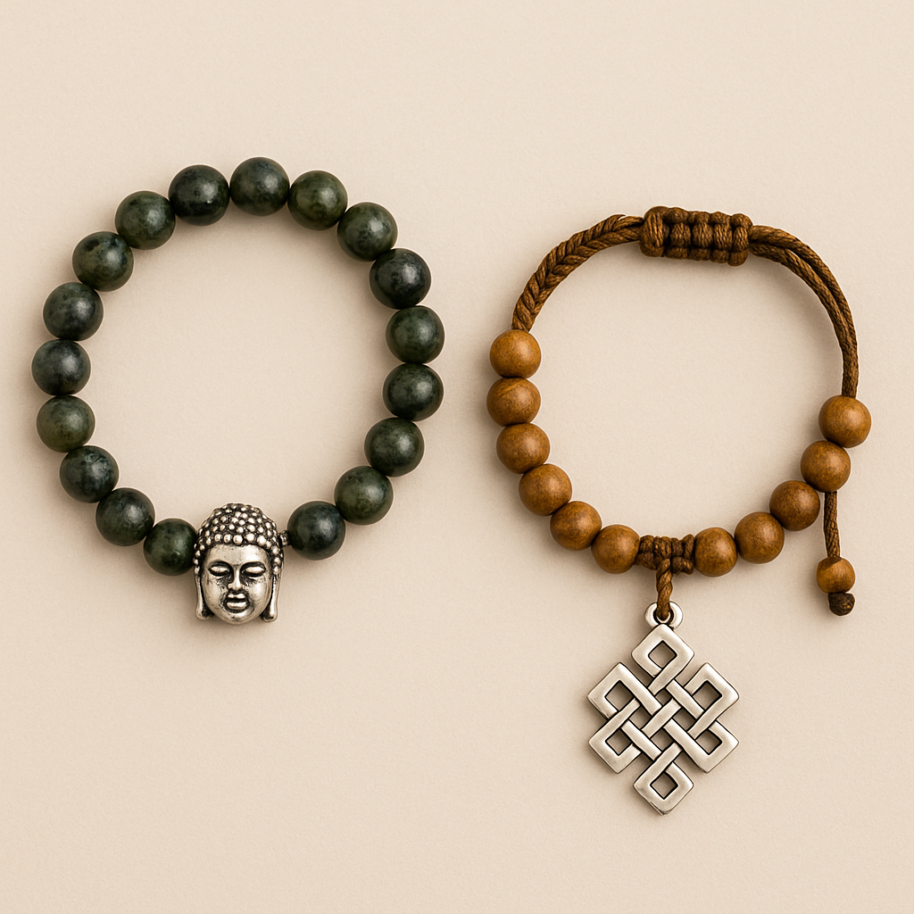 Bracelet bouddhiste avec perles et symboles de méditation – Esprit Tibet Image