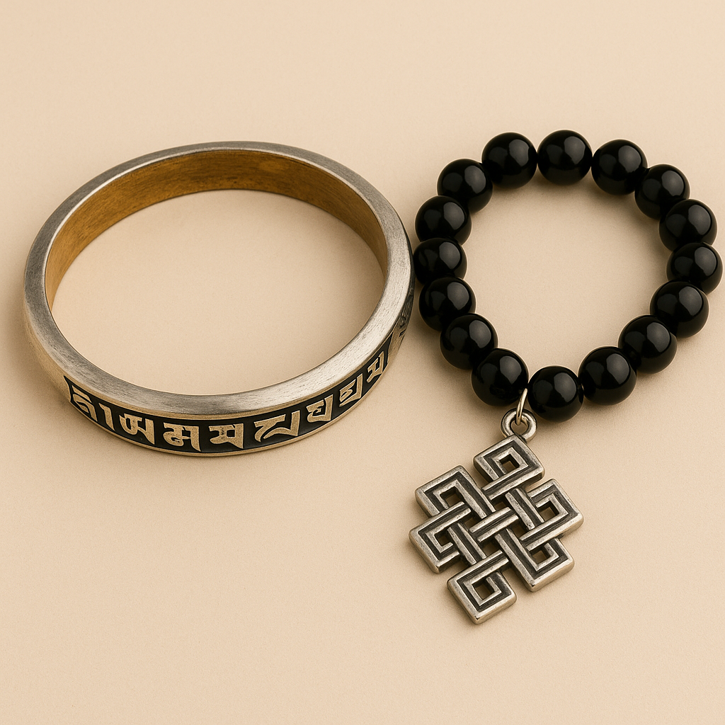 Jonc bouddhiste gravé avec symbole sacré du Tibet Image