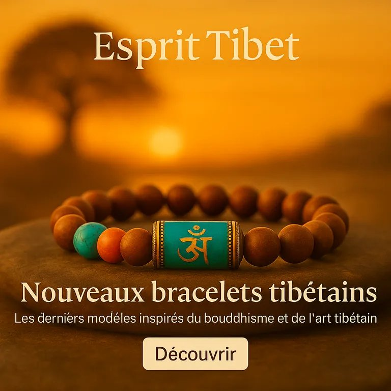 Nouveaux bracelets tibétains” : mala en perles de bois avec symbole Om, fond orangé Image