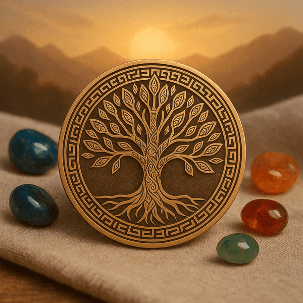 Médaillon en bronze gravé d'un arbre de vie, entouré de pierres polies bleues, orange et vertes, sur un tissu beige, montagnes au coucher du soleil en arrière-plan Image