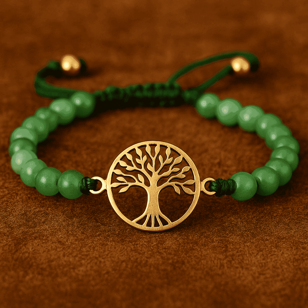 Bracelet en perles de jade vert avec breloque Arbre de Vie dorée, Esprit Tibet Image