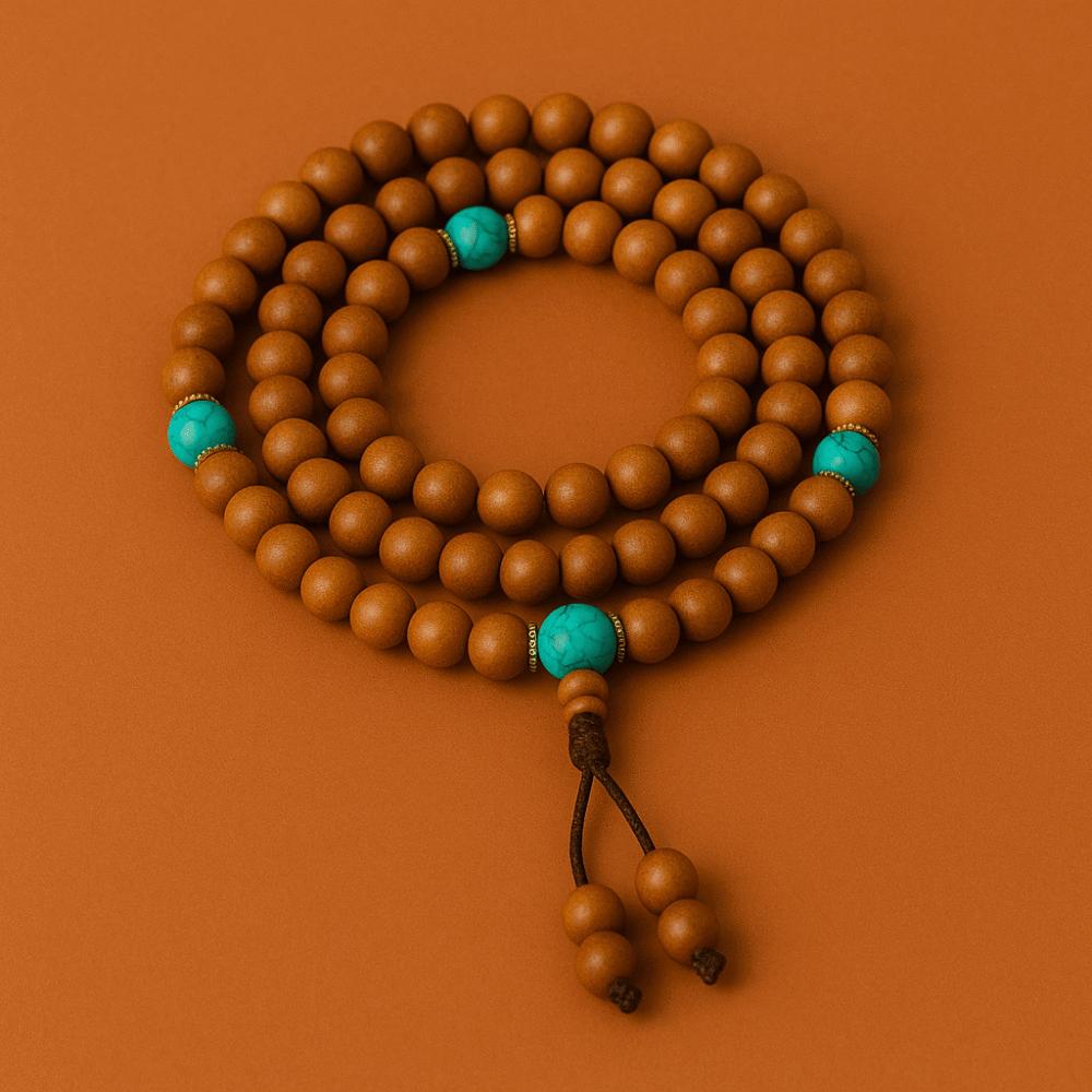 Mala tibétain en 108 perles de bois et pierres naturelles Image