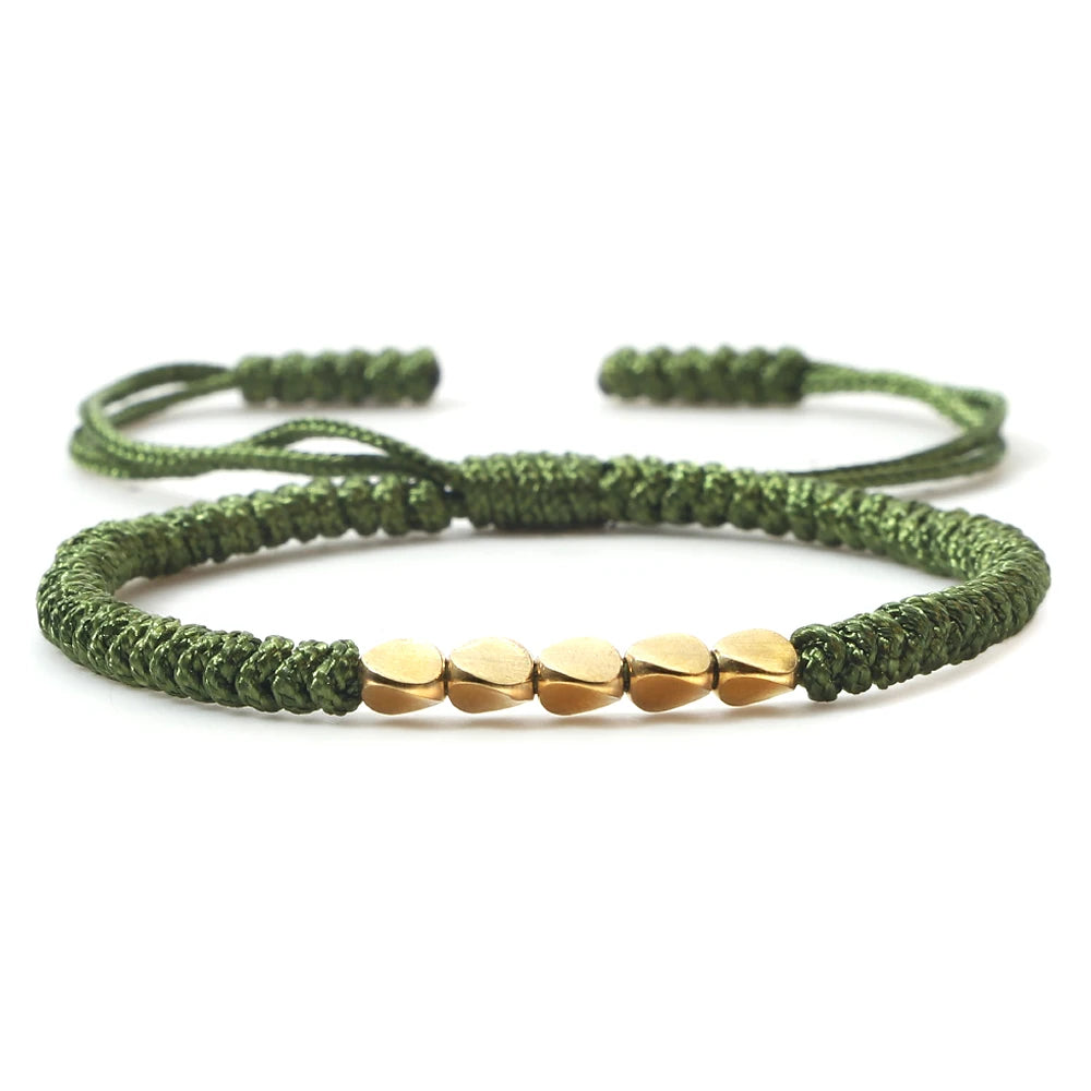 Bracelet tibétain bouddhiste – Cordon tressé et perles en cuivre