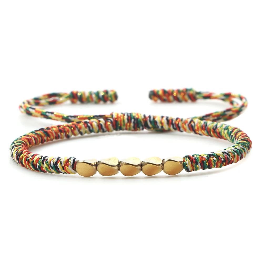 Bracelet tibétain bouddhiste – Cordon tressé et perles en cuivre