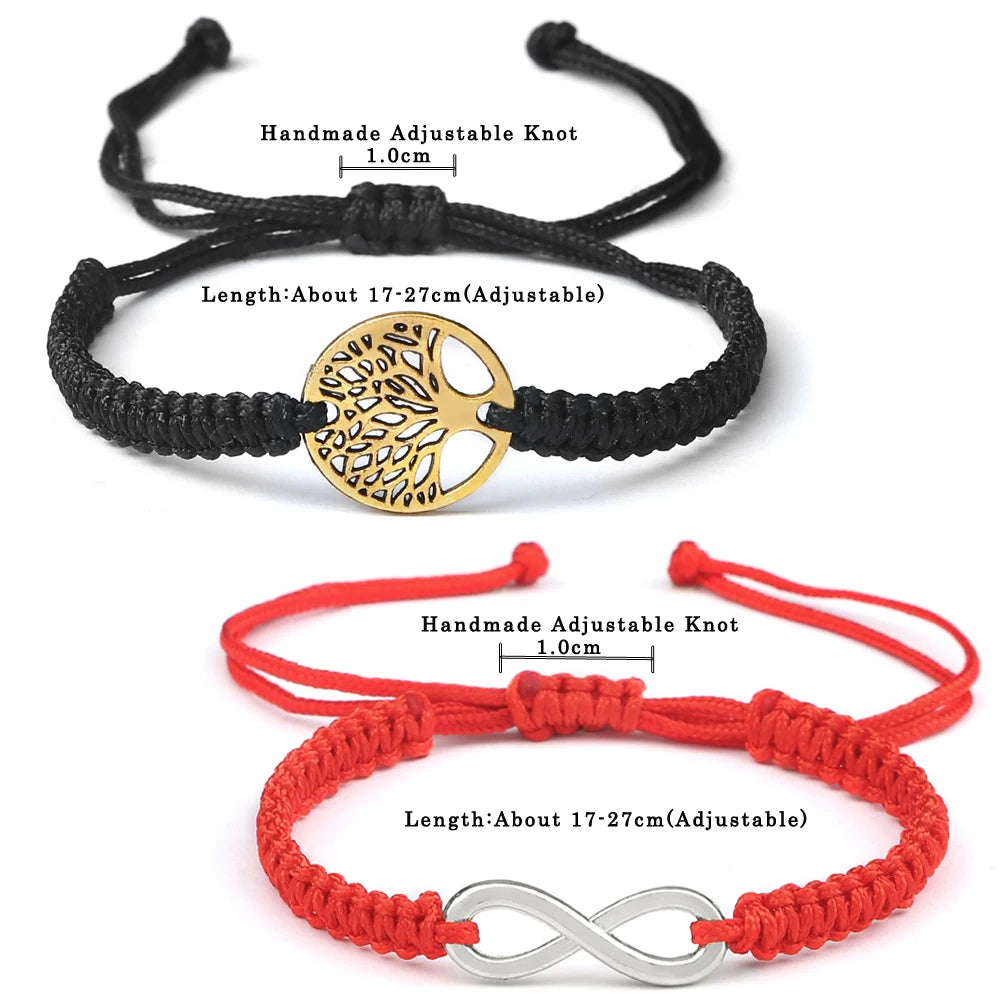 Duo de bracelets Arbre de Vie tressés, version noire et version rouge, avec indication de la longueur ajustable de 17 à 27 cm