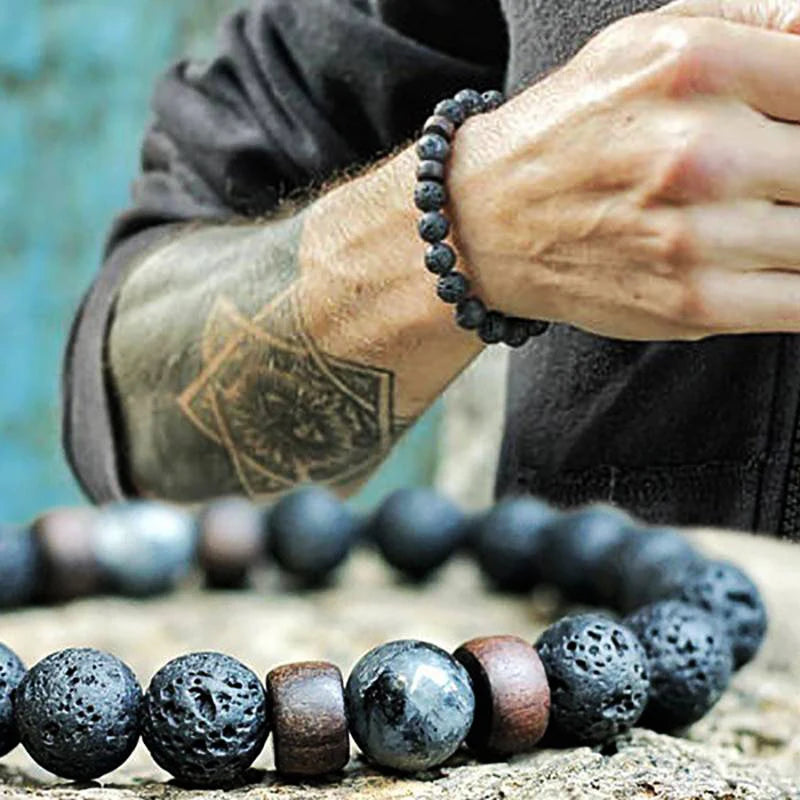Bracelet bouddha tibétain – Perles de lave et bois (8 mm)
