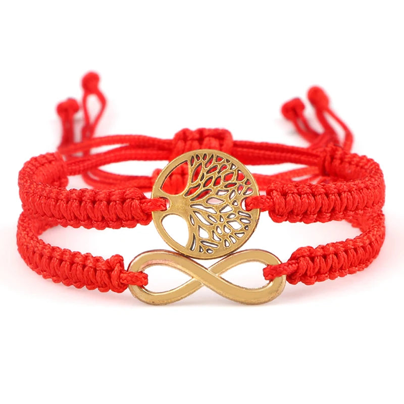 Duo de bracelets Arbre de Vie tressés en cordon rouge, avec breloques arbre de vie et infini dorées