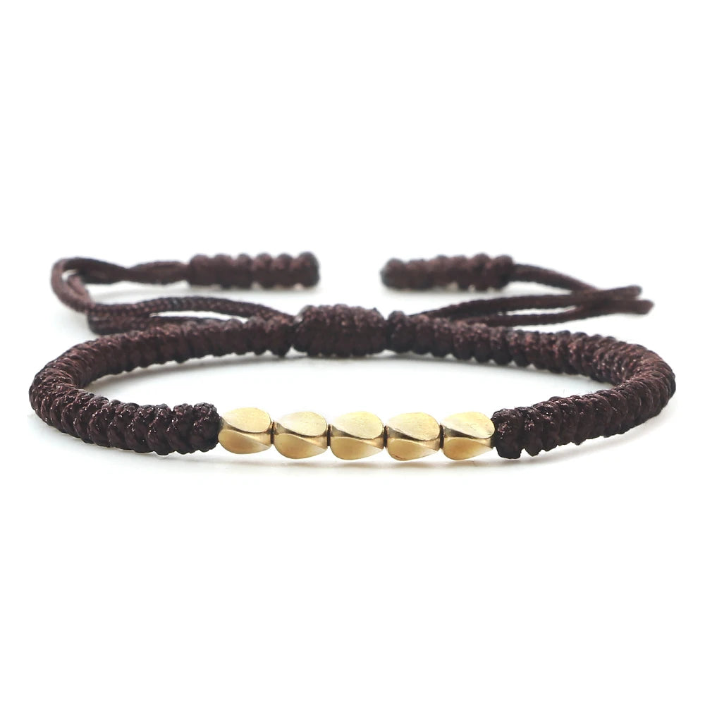 Bracelet tibétain bouddhiste – Cordon tressé et perles en cuivre