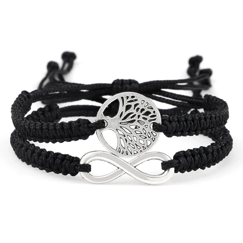 Duo de bracelets Arbre de Vie tressés en cordon noir, avec breloques arbre de vie et infini argentées