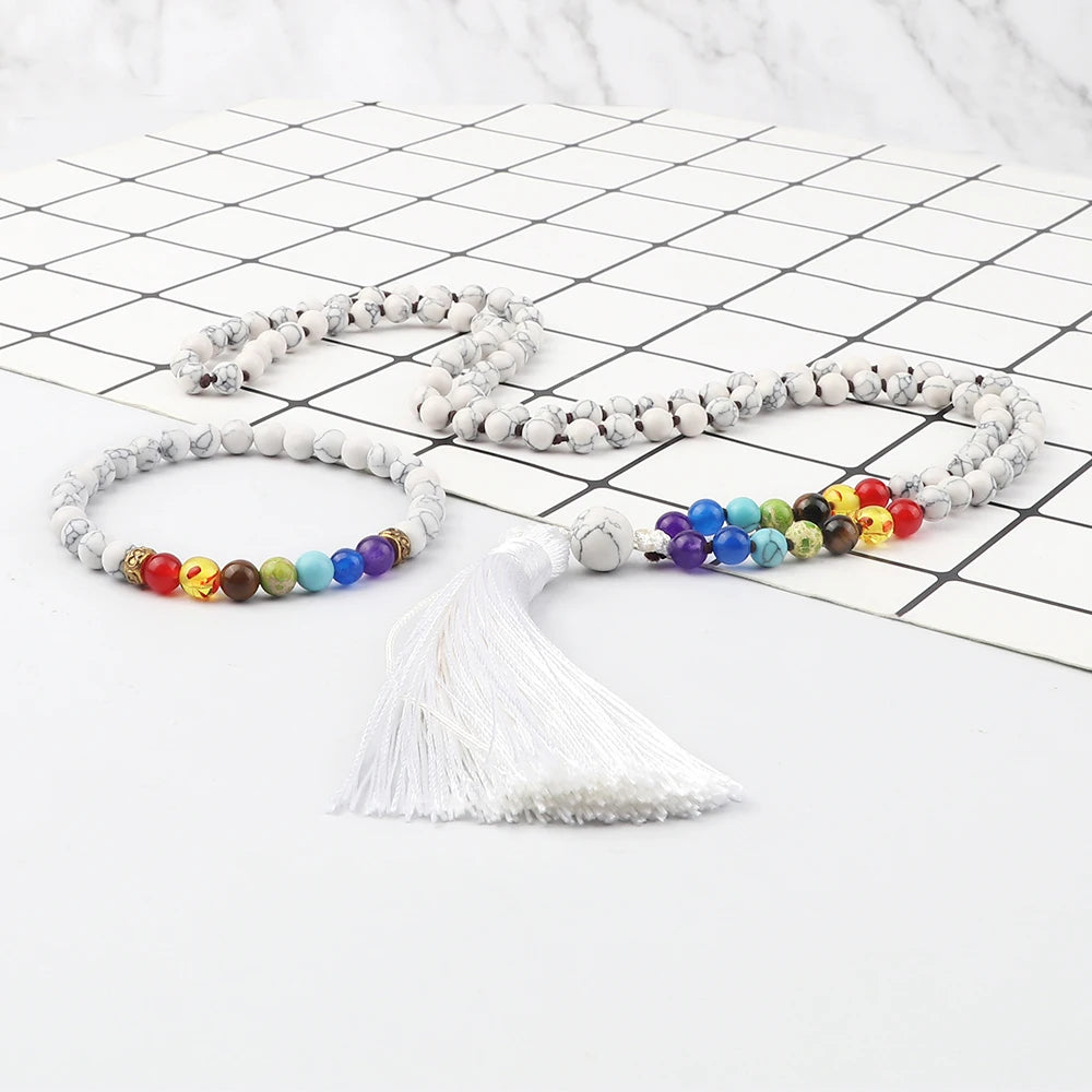 Cascade de Lumière – Mala 108 Perles Howlite & 7 Chakras