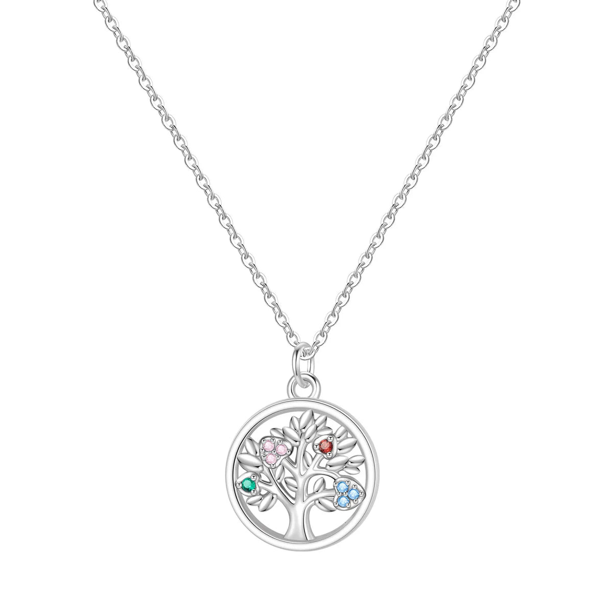 Pendentif Arbre de Vie en argent 925 serti de 4 pierres colorées, sur fond blanc et porté au cou
