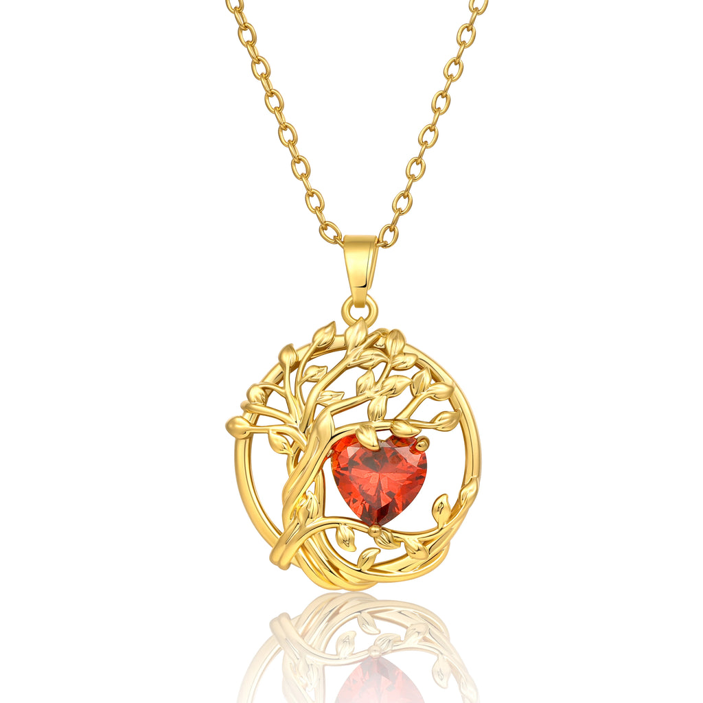Collier Arbre de Vie en argent 925 finition dorée sur fond blanc, pendentif rond avec arbre doré et pierre en forme de cœur rouge