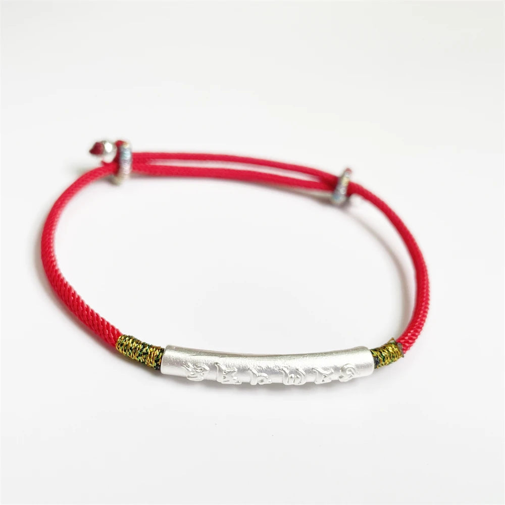 Lien Céleste – Bracelet tibétain bouddhiste corde rouge & barre argent 925