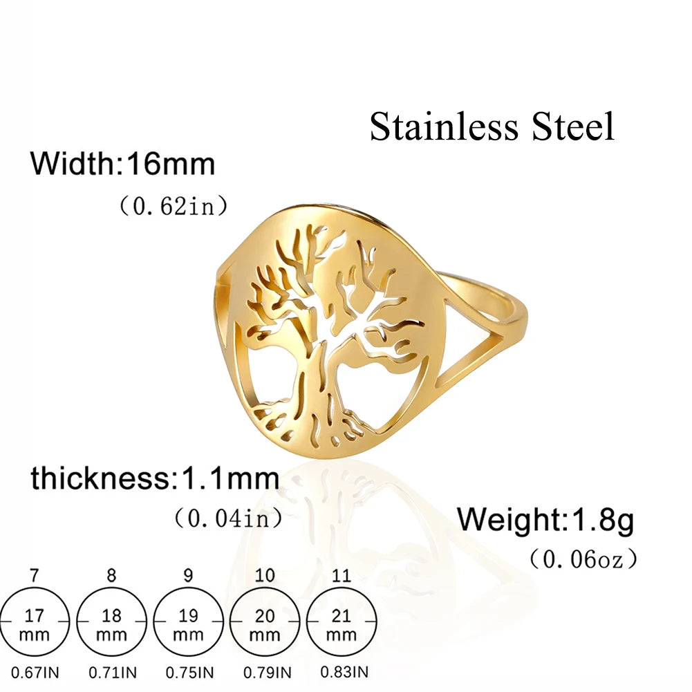 Bague fine Arbre de Vie en acier doré avec indication des dimensions largeur 16 mm et tailles disponibles du 7 au 11
