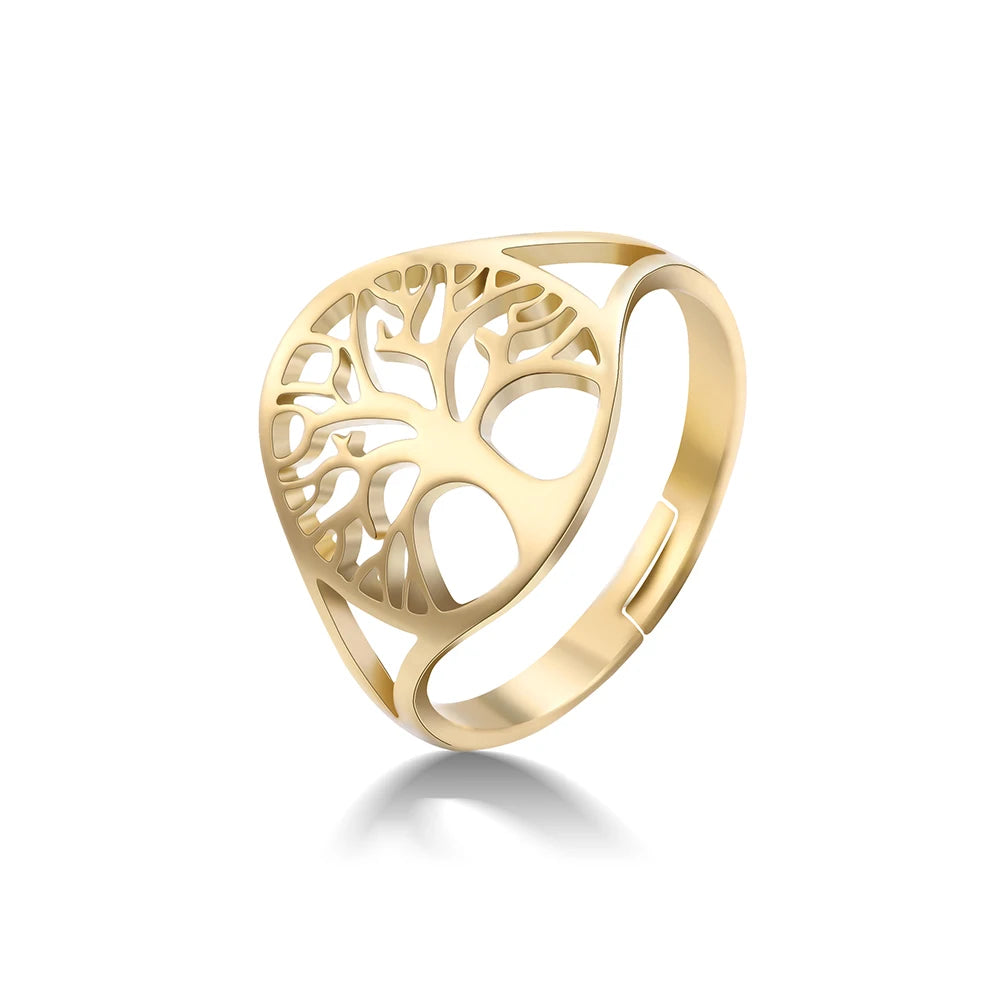 Bague Arbre de Vie ajourée en acier doré jaune, ajustable, présentée sur fond blanc