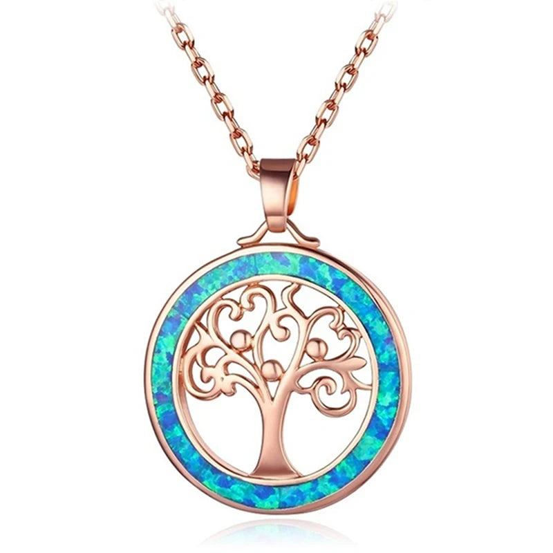 Pendentif Arbre de Vie doré rose avec pierre opaline bleu-vert, chaine à maillons