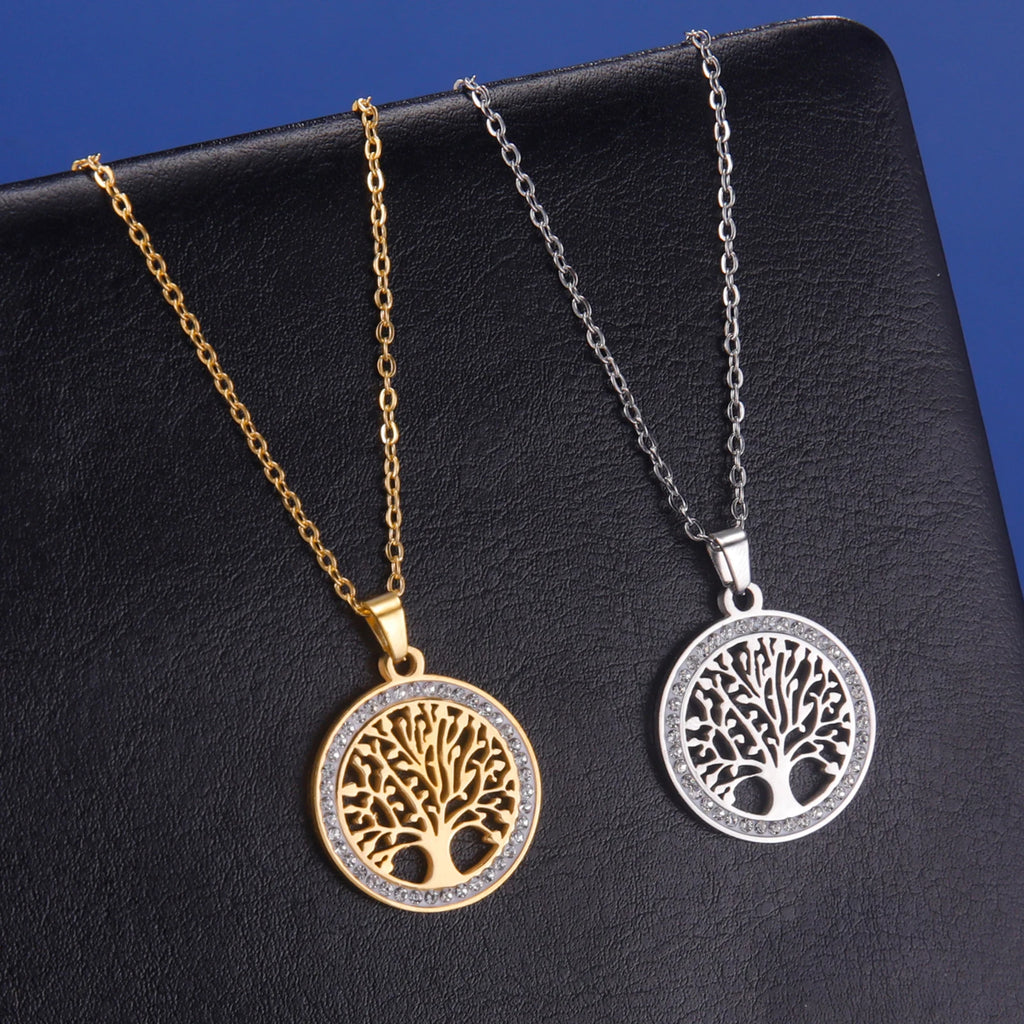 Pendentif Arbre de Vie serti de strass, versions dorée et argentée côte à côte