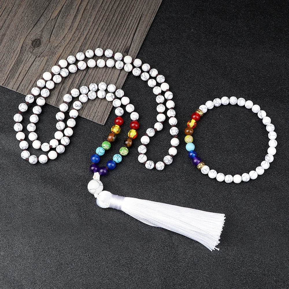 Cascade de Lumière – Mala 108 Perles Howlite & 7 Chakras