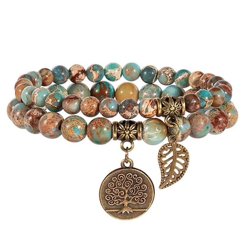 Duo de bracelets Arbre de Vie en perles de pierre beige et vert pastel, avec breloques arbre de vie et feuille dorées