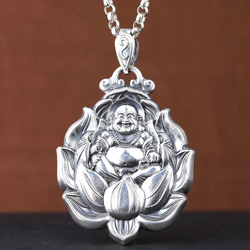Pendentif Bouddha rieur en lotus – Harmonie et prospérité