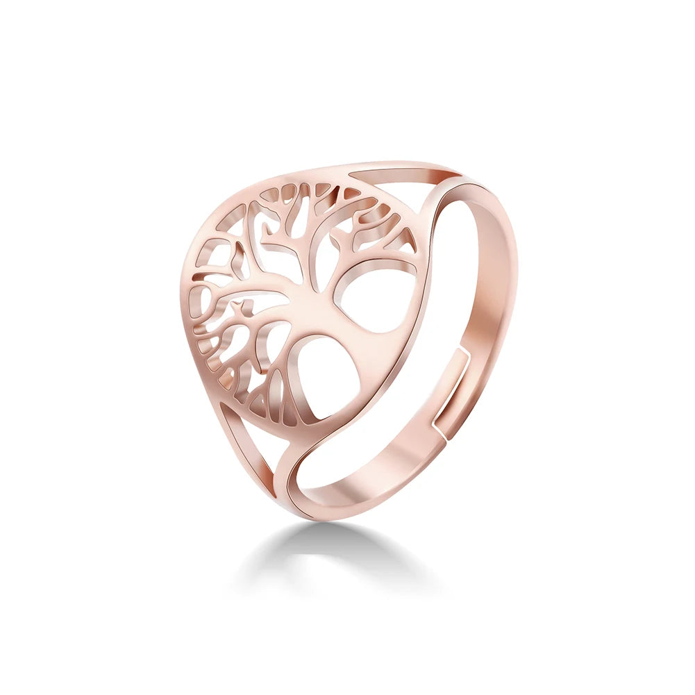Bague Arbre de Vie ajourée en acier doré rose, ajustable, présentée sur fond blanc