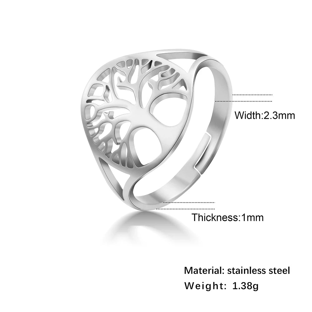 Bague Arbre de Vie ajourée en acier argenté, ajustable, avec indication des dimensions largeur 2,3 mm et épaisseur 1 mm