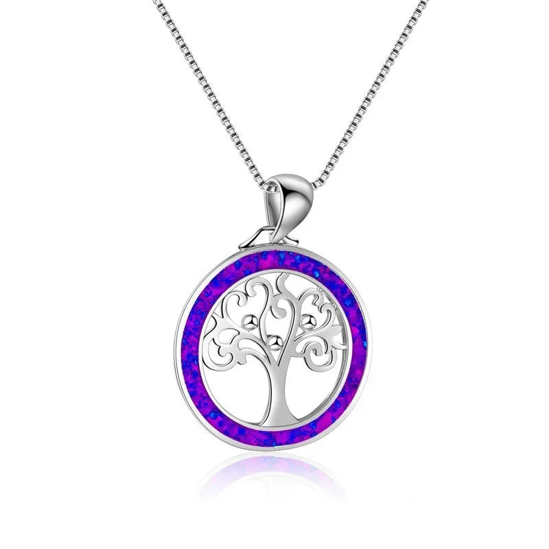 Collier Arbre de Vie Esprit Tibet, pendentif argenté orné d'une pierre opaline violet améthyste