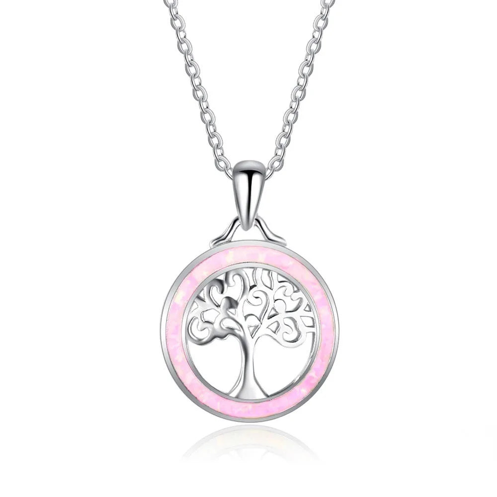 Collier Arbre de Vie Esprit Tibet, pendentif argenté orné d'une pierre opaline rose pâle