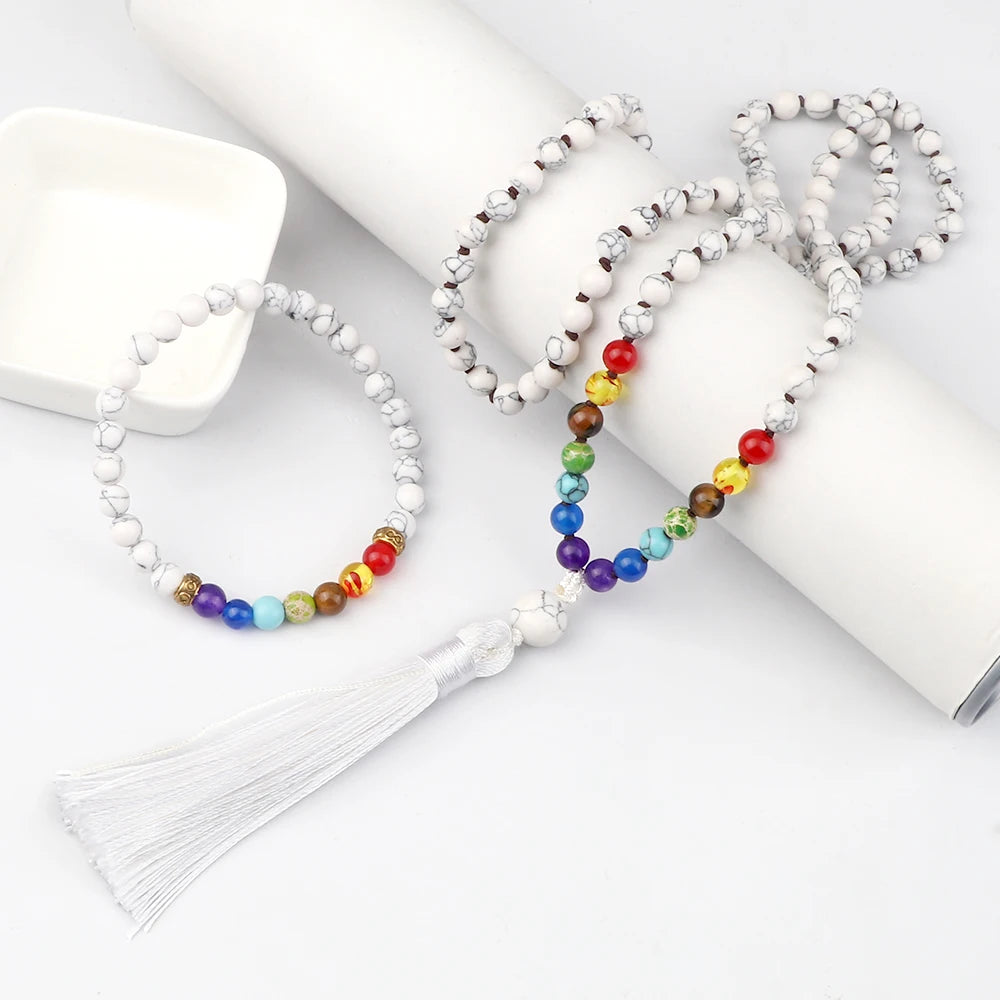 Cascade de Lumière – Mala 108 Perles Howlite & 7 Chakras
