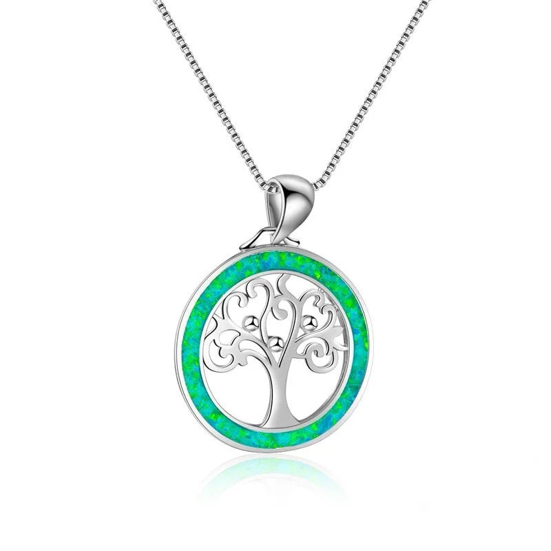Collier Arbre de Vie Esprit Tibet, pendentif argenté orné d'une pierre opaline vert émeraude