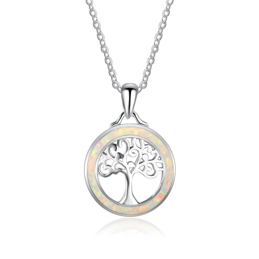 Collier Arbre de Vie Esprit Tibet, pendentif argenté orné d'une pierre opaline blanche nacrée