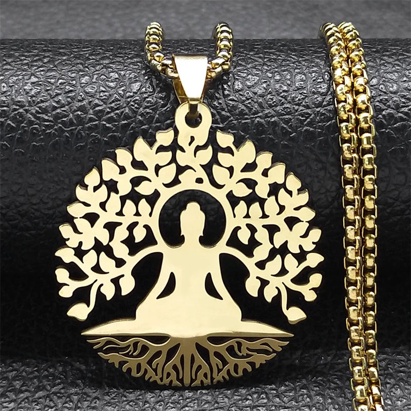 Arbre d’Éveil – Pendentif Bouddha & Chakra en Acier