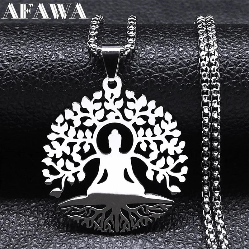 Arbre d’Éveil – Pendentif Bouddha & Chakra en Acier Esprit Tibet 